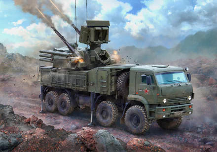 4K Ultra HD PC desktop wallpaper/background showing a military Pantsir-S1 air-defense system on an 8x8 truck firing missiles across rocky terrain under a cloudy sky.