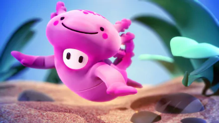 HD PC desktop wallpaper featuring a colorful, playful character from the video game Fall Guys diving with a joyful expression against a vibrant outdoor background.