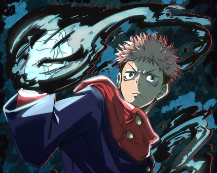 HD PC desktop wallpaper featuring Yuji Itadori from the anime Jujutsu Kaisen with dynamic dark energy swirling behind him.