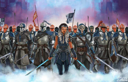 HD Star Wars desktop wallpaper featuring Ahsoka Tano standing boldly with a battalion of Mandalorian warriors against a dramatic sci-fi sky backdrop.