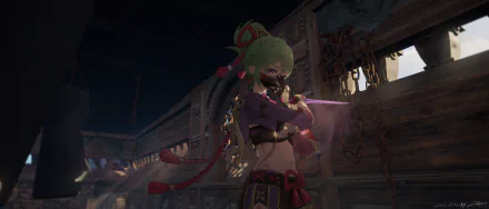 HD PC desktop wallpaper featuring Kuki Shinobu from the video game Genshin Impact, set in a dimly lit, detailed industrial environment.