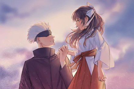 HD anime desktop wallpaper featuring Utahime Iori and Satoru Gojo from Jujutsu Kaisen, with a softly glowing sky background.