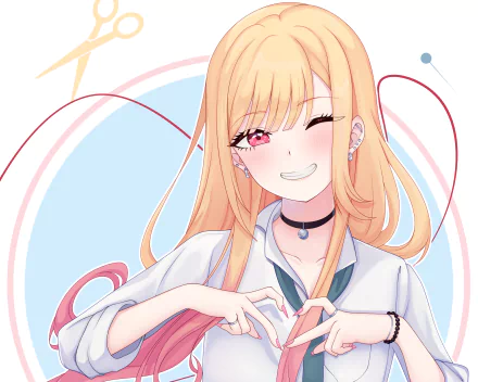 Marin Kitagawa (My Dress-Up Darling) winking and forming a heart with her hands against a pastel backdrop — HD anime PC desktop wallpaper.