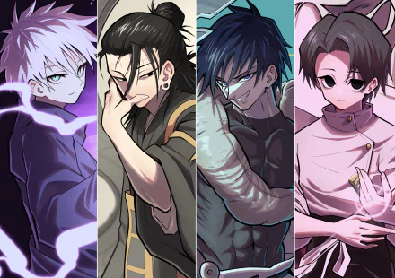 HD PC wallpaper of Jujutsu Kaisen anime: Yuta Okkotsu, Toji Fushiguro, Suguru Geto and Satoru Gojo in four vertical panels, highlighting Gojo & Geto.