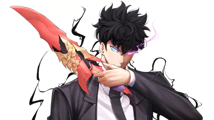 HD PC desktop wallpaper featuring Sung Jin-Woo from the anime Solo Leveling, showcasing his intense gaze and distinctive red arm transformation.