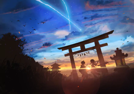 4K Ultra HD Genshin Impact PC wallpaper featuring Lumine and Aether silhouetted at a torii gate during a vibrant sunset sky with streaking comet trails.