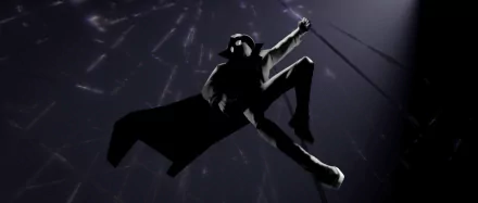 HD PC desktop wallpaper featuring Spider-Man Noir from the movie Spider-Man: Into The Spider-Verse, swinging through a dark, shadowy cityscape.