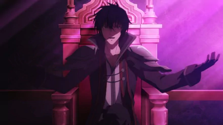 Anos Voldigoad from the anime The Misfit of Demon King Academy seated confidently on a throne, featured in an HD PC desktop wallpaper with a dramatic purple background.