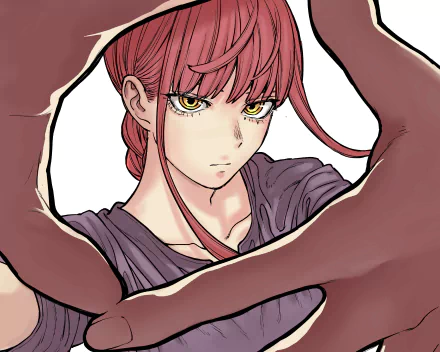 Makima from Chainsaw Man in detailed anime style, featured in a 4K Ultra HD PC desktop wallpaper with sharp colors and expressive eyes.