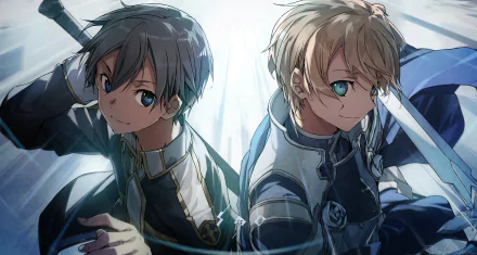 HD PC desktop wallpaper featuring Kirito and Eugeo from the anime Sword Art Online, showcasing both characters in detailed anime style with swords and dynamic lighting.