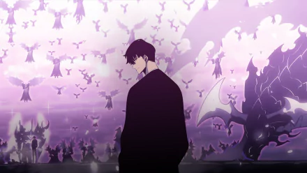 HD desktop wallpaper featuring Sung Jin-Woo from Solo Leveling. The character stands in a dramatic, purple-hued landscape with winged figures and fantasy elements in the background.