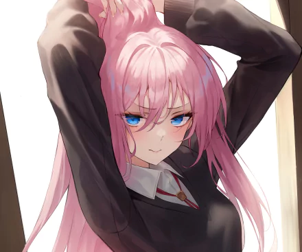 HD anime desktop wallpaper featuring Micchon Shikimori from Shikimori's Not Just a Cutie, showcasing her with pink hair and striking blue eyes in a confident pose.