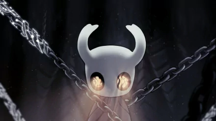 HD PC desktop wallpaper featuring the Hollow Knight character with glowing eyes, bound by dark chains against a shadowy background.