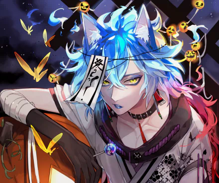 2K Quad HD PC wallpaper of Idia Shroud from the video game Twisted Wonderland — blue-haired, fox-eared character with a talisman, yellow eyes, glowing butterflies and jack-o'-lanterns.