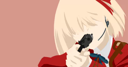 Chisato Nishikigi from Lycoris Recoil aiming a gun, featured in a vibrant 4K Ultra HD anime desktop wallpaper background.