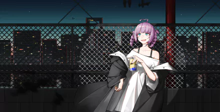 HD PC desktop wallpaper featuring Nazuna Nanakusa from the anime Call of the Night, standing against a city nightscape with a chain-link fence background.