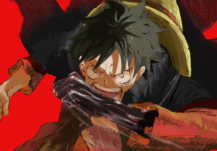 HD PC desktop wallpaper featuring Monkey D. Luffy from the anime One Piece in a dynamic, action-packed pose against a bold red background.