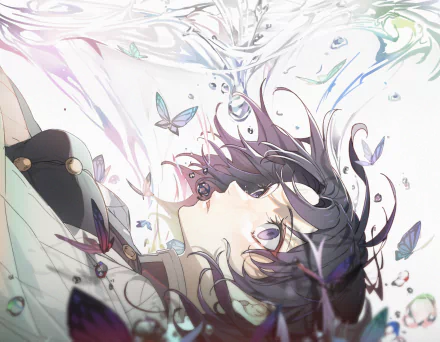 HD PC desktop wallpaper of Shinobu Kochou (Demon Slayer: Kimetsu no Yaiba), reclining amid swirling butterflies and pastel petals in a soft, ethereal, dreamlike composition.