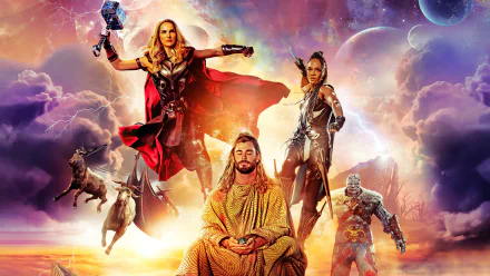 4K Ultra HD PC desktop wallpaper for the movie Thor: Love and Thunder — Thor and allies in dramatic poses with hammer, lightning, and a vibrant cosmic sky.