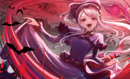 HD anime desktop wallpaper featuring Shalltear Bloodfallen from Overlord, surrounded by swirling red energy and flying bats against a dark, ominous background.