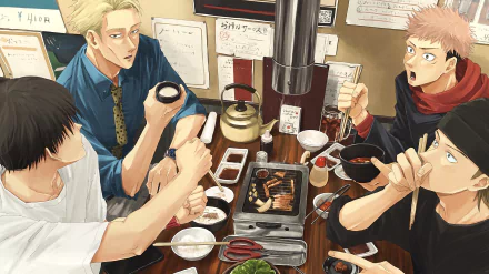HD PC desktop wallpaper featuring anime characters from Jujutsu Kaisen enjoying a meal together around a table with grilled food and side dishes.