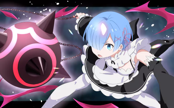 Rem from Re:Zero - Starting Life in Another World in dynamic action pose, featuring vibrant colors and detailed 4K Ultra HD anime art for PC desktop wallpaper.