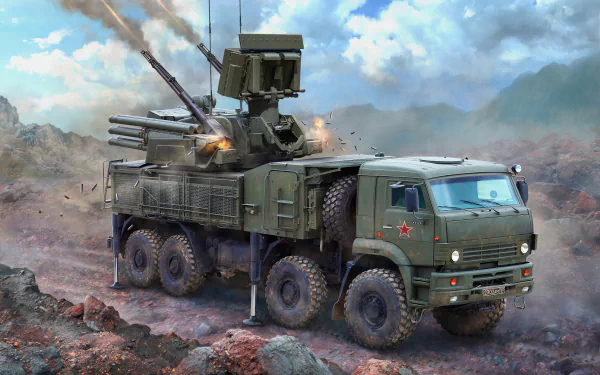 4K Ultra HD PC desktop wallpaper/background showing a military Pantsir-S1 air-defense system on an 8x8 truck firing missiles across rocky terrain under a cloudy sky.