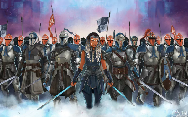 HD Star Wars desktop wallpaper featuring Ahsoka Tano standing boldly with a battalion of Mandalorian warriors against a dramatic sci-fi sky backdrop.