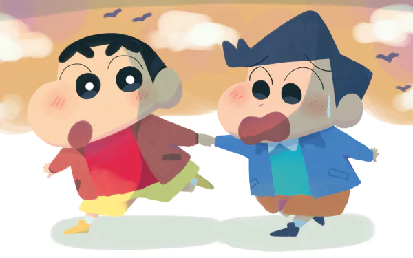 4K Ultra HD anime wallpaper featuring Shinchan Nohara and a friend from Crayon Shin-chan, set against a soft, colorful sky background.