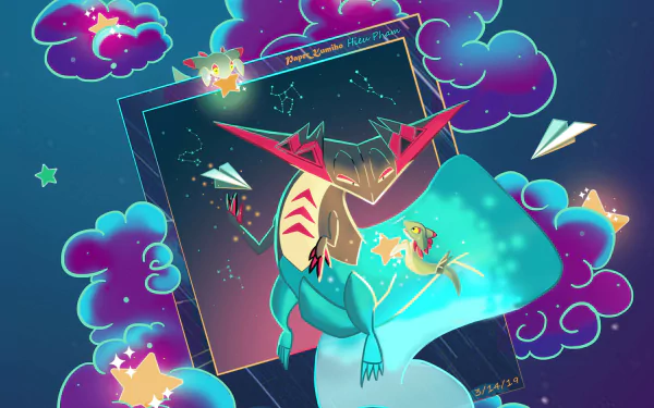 HD desktop wallpaper featuring Dragapult from the Pokémon video game Pokémon: Sword and Shield, set against a vibrant, starry sky with whimsical clouds and paper planes.