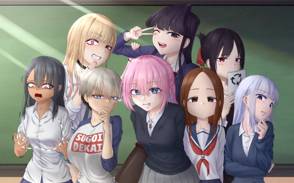Hayase Nagatoro Hana Uzaki Takagi (Karakai Jouzu no Takagi-san) Reina Aharen Micchon Shikimori Anime crossover HD Desktop Wallpaper | Background Image