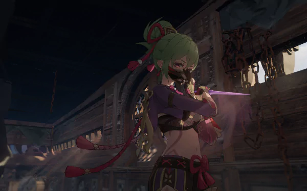 HD PC desktop wallpaper featuring Kuki Shinobu from the video game Genshin Impact, set in a dimly lit, detailed industrial environment.