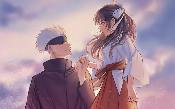 HD anime desktop wallpaper featuring Utahime Iori and Satoru Gojo from Jujutsu Kaisen, with a softly glowing sky background.