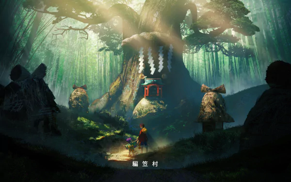 HD desktop wallpaper featuring O-Tama and Monkey D. Luffy from One Piece, standing in front of a large, sacred tree in a forest setting.