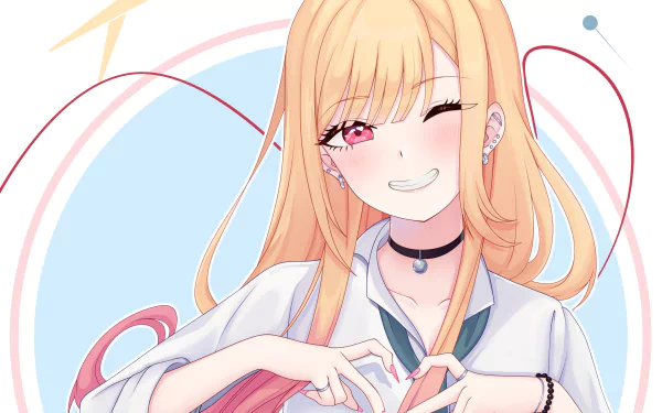 Marin Kitagawa (My Dress-Up Darling) winking and forming a heart with her hands against a pastel backdrop — HD anime PC desktop wallpaper.