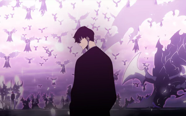 HD desktop wallpaper featuring Sung Jin-Woo from Solo Leveling. The character stands in a dramatic, purple-hued landscape with winged figures and fantasy elements in the background.