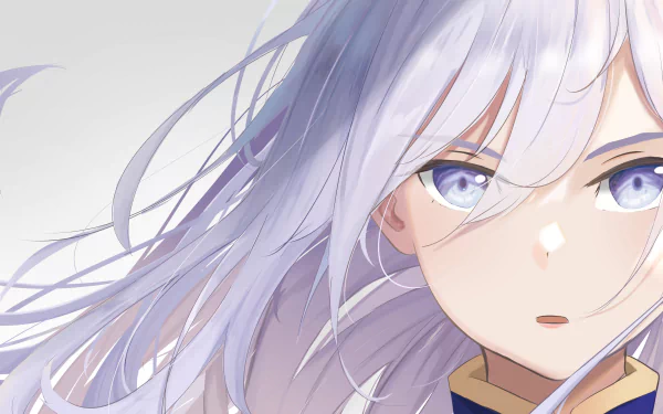 Close-up 4K UHD anime wallpaper of Vladilena Milizé from Eighty Six, featuring her silver hair and striking blue eyes against a soft background.