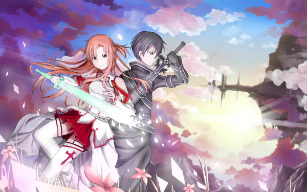 Kirito and Asuna from Sword Art Online pose ready for battle in a vibrant 4K Ultra HD anime wallpaper with a colorful sky and blooming flowers.