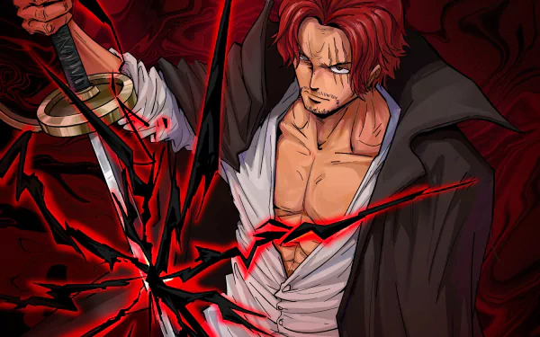 HD PC desktop wallpaper featuring Shanks from the anime One Piece, showcasing his intense expression and dynamic pose with a dark, red-themed background.