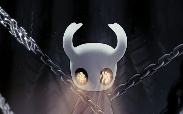 HD PC desktop wallpaper featuring the Hollow Knight character with glowing eyes, bound by dark chains against a shadowy background.