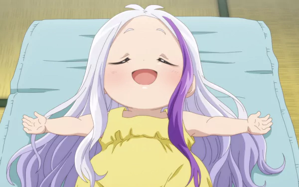 HD anime wallpaper featuring Alas Ramus from The Devil Is a Part-Timer!, lying back with arms open, smiling peacefully on a pillow.