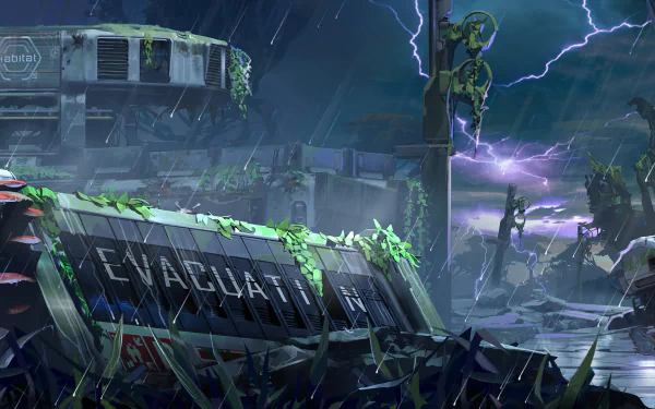 HD wallpaper of The Cycle: Frontier game, featuring an evacuation scene with futuristic elements and lightning.