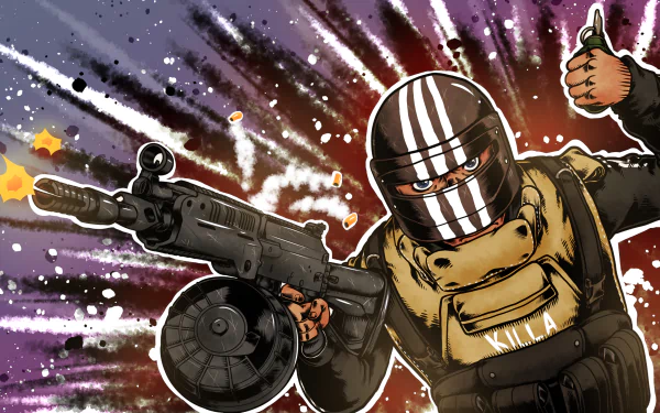 HD desktop wallpaper featuring Killa from Escape from Tarkov with dynamic action pose and stylized background.