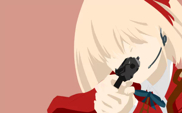 Chisato Nishikigi from Lycoris Recoil aiming a gun, featured in a vibrant 4K Ultra HD anime desktop wallpaper background.