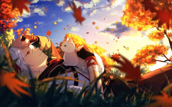 Kaedehara Kazuha from Genshin Impact lies in a vibrant autumn forest with fluttering leaves and a small animal on his chest in this 4K Ultra HD PC desktop wallpaper.