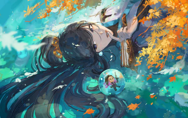 HD PC desktop wallpaper of Sage (Valorant) from the video game Valorant, reclining in teal water amid falling orange leaves while cradling her glowing healing orb.