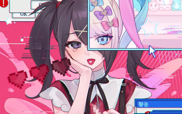 HD PC desktop wallpaper featuring Ame-chan from the video game NEEDY GIRL OVERDOSE, showcasing vibrant pink hues and glitch-style digital elements.