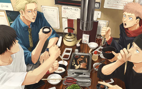 HD PC desktop wallpaper featuring anime characters from Jujutsu Kaisen enjoying a meal together around a table with grilled food and side dishes.