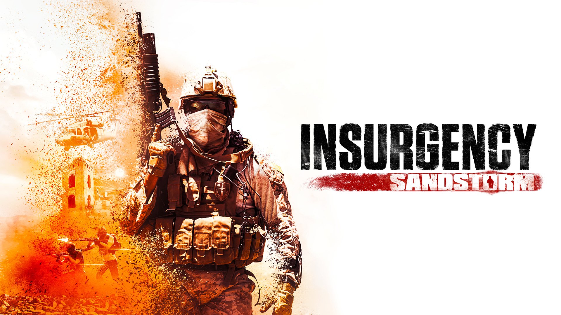 HD wallpaper of Insurgency: Sandstorm featuring a soldier in combat gear with a dynamic orange and white background.
