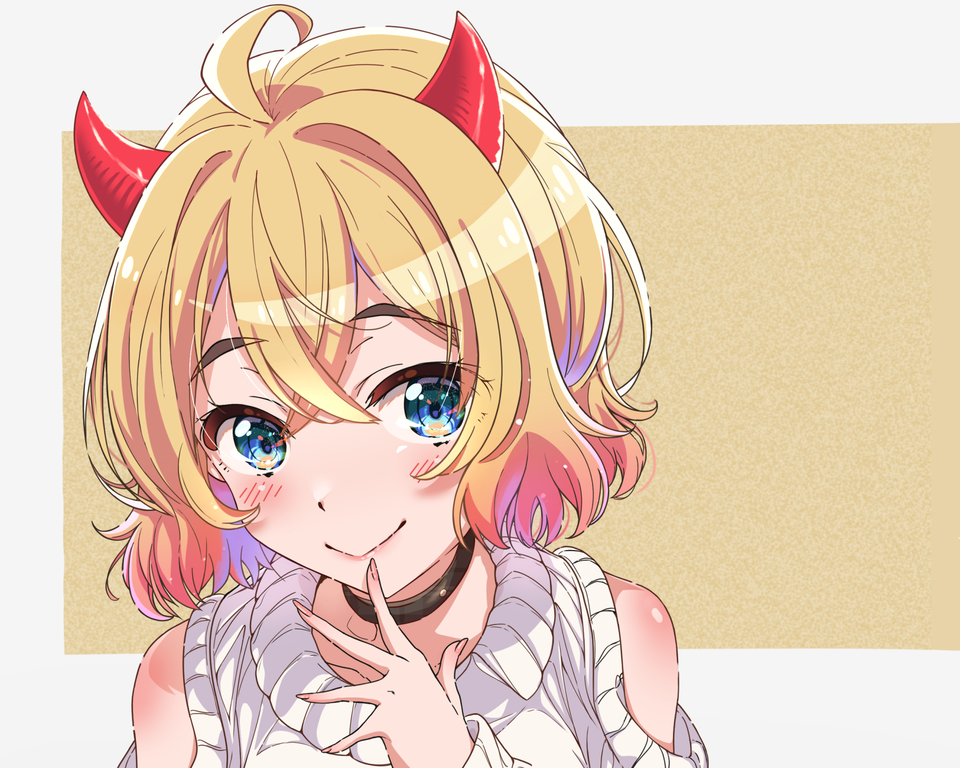 HD anime desktop wallpaper featuring Mami Nanami from Rent-A-Girlfriend with blonde hair, blue eyes, and red devil horns against a beige background.